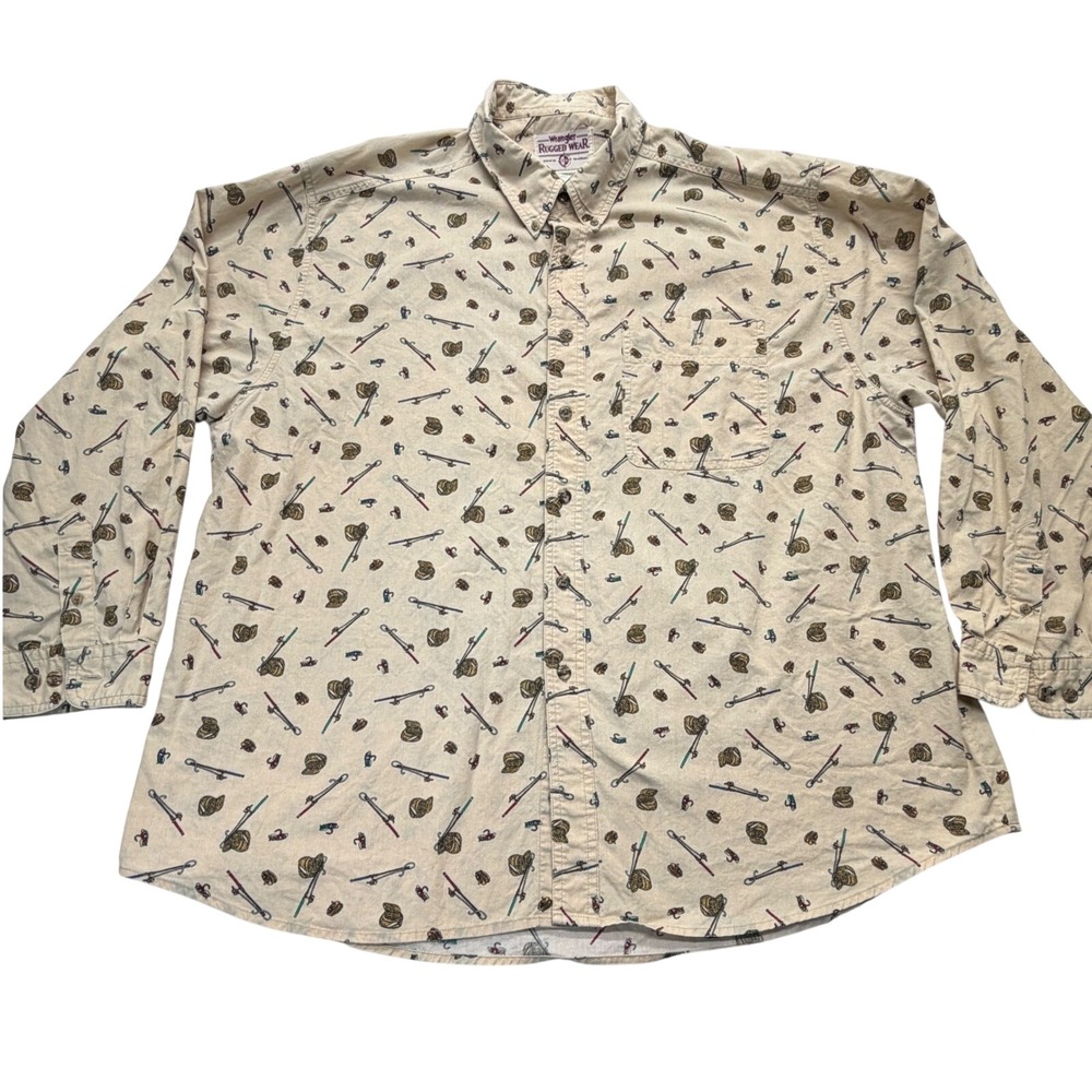 Wrangler Rugged Wear Fishing Lure Button Down Shirt Men 2XL Tan‎